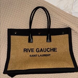Saint Laurent Rive Gauche Straw Tote in Black and Tan